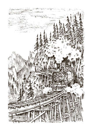 A train or a locomotive passes through a tunnel. Landscape of nature. Rock against the background of the forest. Vintage engraved hand drawn in old sketchのイラスト素材