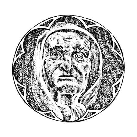 Gothic element with old woman or witch or crone. historical ornament of the building. Hand drawn sketch. Engraved monochrome illustration.のイラスト素材