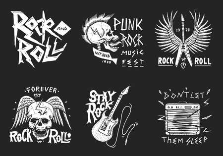 Set of Rock and Roll music symbols with Guitar, Wings and Skull. labels, logos. Heavy metal templates for design t-shirt, night party and festival. Hand drawn. Engraved sketch.のイラスト素材
