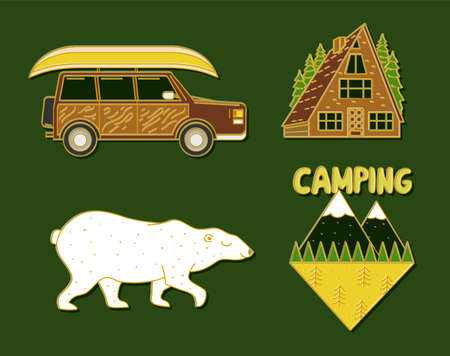 Set of cute camping elements. Equipment in forest. Stickers, doodle pins, patches. Bear Car Mountain Wooden house. travel symbolsのイラスト素材