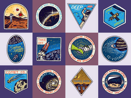 Set of Space logo. Human mission to Mars. Exploration of the astronomical galaxy. Astronaut or spaceman adventure. Planets and satellites badge emblem patch sticker. engraved hand drawn Vintage sketchのイラスト素材