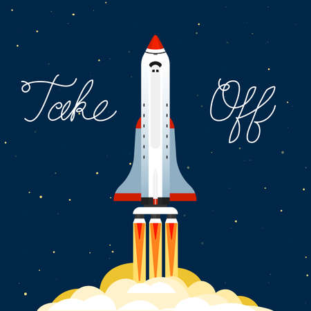 The rocket launched into the sky. Space flight on a missile. Spaceship in the galaxy on a dark background. A flash of light at startup. Template for bannersのイラスト素材