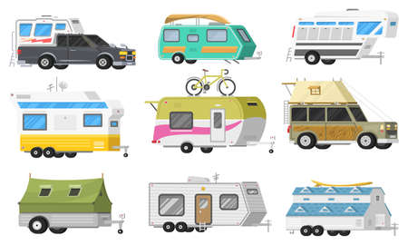 A set of trailers or family RV camping caravan. Tourist bus and tent for outdoor recreation and travel. Mobile home truck. Suv Car Crossover. Tourist transport, road trip, recreational vehicles.のイラスト素材