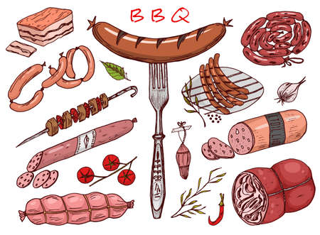Meat food, sausage and steak for bbq and picnic. Doodle Signs for menu. Vintage engraved illustration. monochrome styleのイラスト素材
