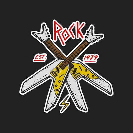 Rock and Roll music symbols with Guitar Wings Skull, Drums Plectrum. labels, logos. Heavy metal templates for design t-shirt, night party and festival. Hand drawn. Engraved sketch.のイラスト素材