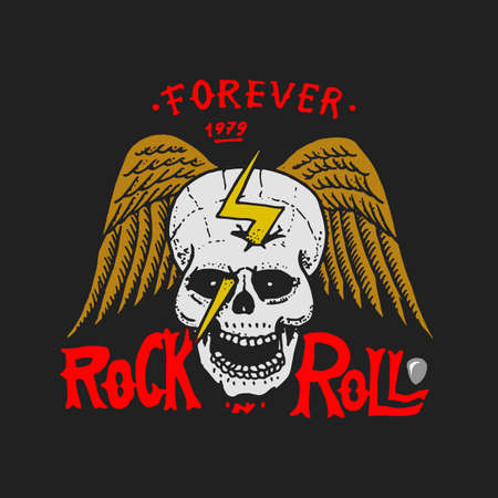 Rock and Roll music symbols with Guitar Wings Skull, Drums Plectrum. labels, logos. Heavy metal templates for design t-shirt, night party and festival. Hand drawn. Engraved sketch.のイラスト素材