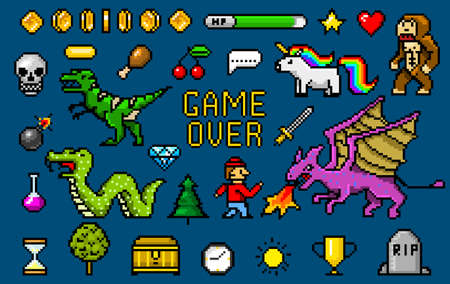Pixel art 8 bit objects. Retro game assets. Set of icons. vintage computer video arcades. characters...