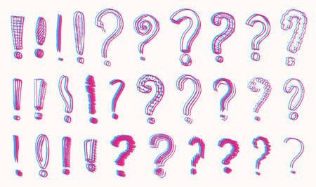 Set of question exclamation mark. Doodle style. Collection of icons and signs Why. Engraved hand...