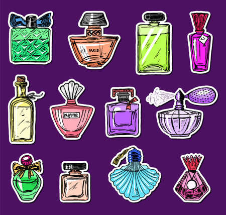 Set of Women's perfume in a bottle. Beautiful fashionable glass accessory. Hand Drawn Sketch. Vintage styleのイラスト素材