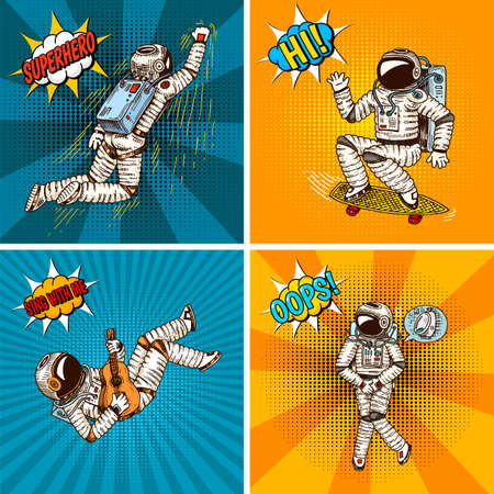 Pop art astronaut soaring or flying on rocket. Spaceman cosmonaut superhero explore adventure. engraved hand drawn in old sketch. colorful background retro comic style. Astronomical galaxy space.のイラスト素材
