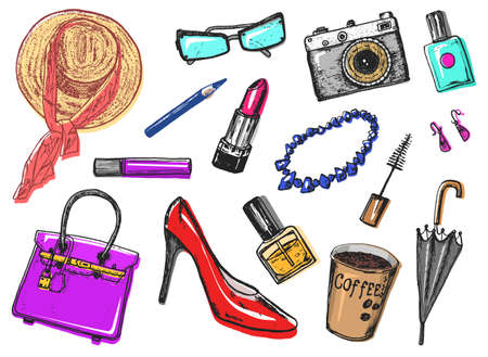 Women s accessories cosmetics. Vintage style. Hand drawn doodle hat, shoes and makeup tools. Set of Patch and Pinsのイラスト素材