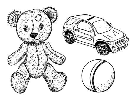 Children toy for children. teddy bear, cute ball and machine or car. Vintage retro style. Engraved hand drawn monochrome sketch. Vector illustrationのイラスト素材