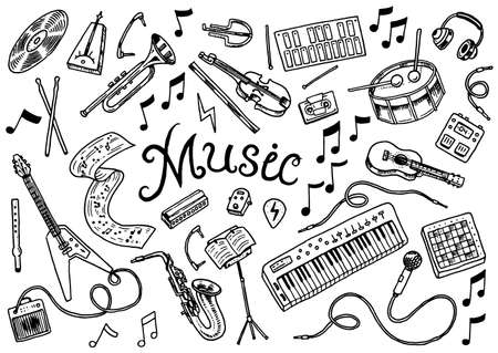 Set of musical symbols and icons. Guitar Drums Piano, creative tools and hobbies. Vintage outline sketch for web banners. Education concept. Back to school background. Hand drawn Doodle styleのイラスト素材