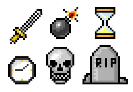 Pixel art 8 bit objects. Skull and bomb, grave and clock. Retro game assets. Set of icons. Vintage...