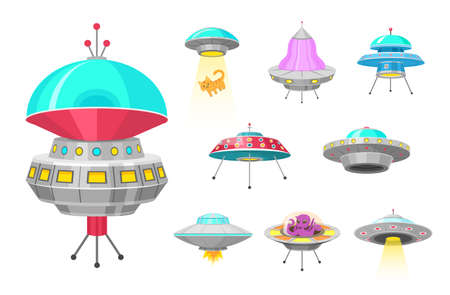 Alien spaceships, set of UFO unidentified flying object, Fantastic rockets, Cosmic spacecrafts in universe space. vector Illustration on white background. GUI elements. Flat game, Cartoon styleのイラスト素材