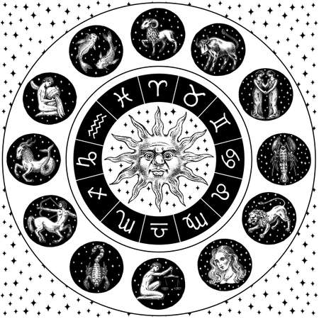Zodiac Wheel. Astrology horoscope with circle, sun and signs. Calendar template on black background. Collection outline animals. Poster or banner, Label or sticker. Engraved hand drawn vintage sketchのイラスト素材