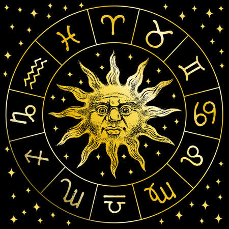 Zodiac Sun icon. Astrology horoscope with signs. Character with a face for Calendar template. Bohemian classic vintage style. Engraved hand drawn in doodle sketchのイラスト素材