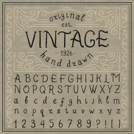 Vintage whiskey font. Handwritten alphabet letters. Decorative Sign painter. Symbols types for labels, wedding cards and bourbon templates. Retro script typeface. Outlined versionのイラスト素材