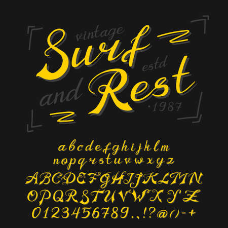 Vintage font. Handwritten alphabet. Sign painter. Symbols types for whiskey label and templates. Retro typeface. Outlined versionのイラスト素材