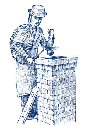 Bricklayer or Man builder on the roof of the house. Gentleman mason, worker in coat and hat. 20th year, hand drawn retro vintage illustration. Engraved sketchのイラスト素材