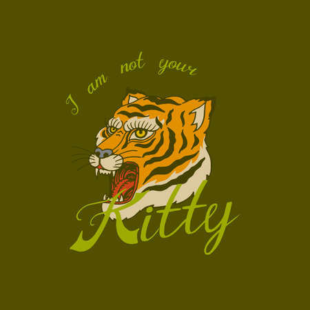 Asian Tiger or kitty for t-shirt. Face or Head of Wild Animal Predator for banner or poster. Portrait Japanese Style. Hand drawn Engraved Monochrome Old Sketch for retro labelのイラスト素材