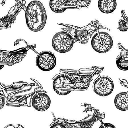 Vintage motorcycles Seamless Pattern. Bicycle Background. Extreme Biker Transport. Retro Old Style. Hand drawn Engraved Monochrome Sketchのイラスト素材