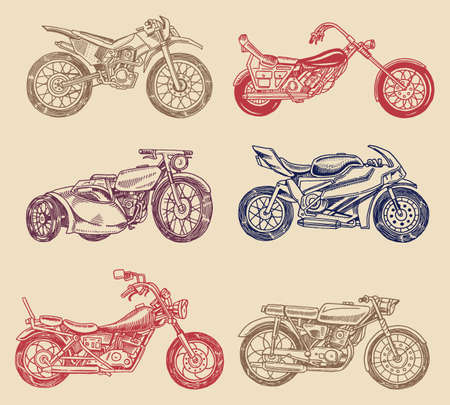 Set of Vintage motorcycles. Collection of bicycles. Extreme Biker Transport. Retro Old Style. Hand drawn Engraved Monochrome Sketchのイラスト素材