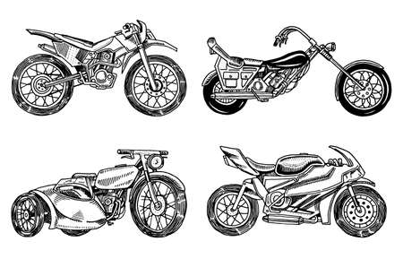 Set of Vintage motorcycles. Collection of bicycles. Extreme Biker Transport. Retro Old Style. Hand drawn Engraved Monochrome Sketchのイラスト素材