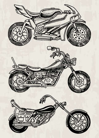 Set of Vintage motorcycles. Collection of bicycles. Extreme Biker Transport. Retro Old Style. Hand drawn Engraved Monochrome Sketchのイラスト素材