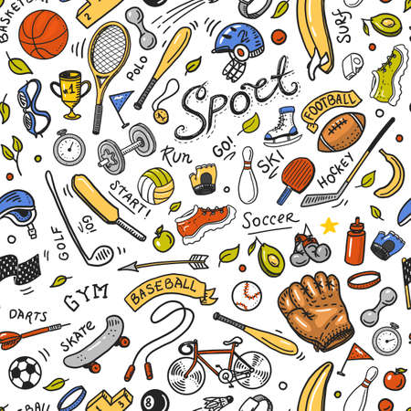 Sport Seamless pattern. Icons doodle style. Equipment for fitness and training. Symbols of health and activity. Tennis and football, basketball. Games for the gym. Background for web siteのイラスト素材