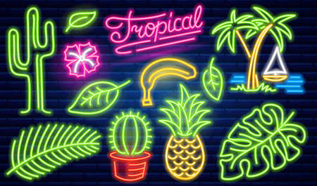 Set of fashion neon sign. Cactus and pineapple, tropical plants, palm trees and leaves. Night bright signboard, Glowing light banner. Summer logo for Club or bar on dark background. Editable vector.のイラスト素材