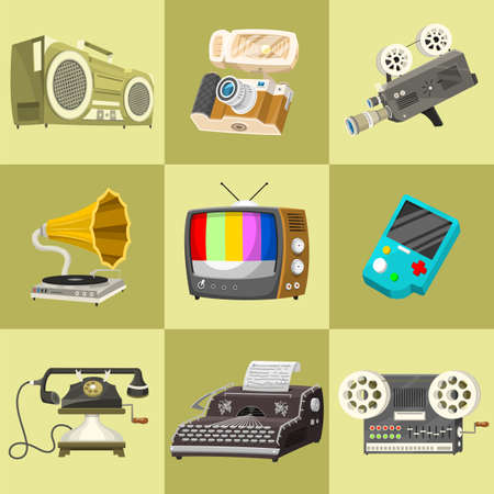 Vintage devices icons. Retro tech media, Television tv, Audio radio music, Electronic sound recorders, Movie Camera, Typewriter and Console, Vinyl player. Set of old gadgets and Multimedia technologyのイラスト素材