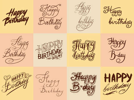Happy Birthday text. Hand drawn lettering. Collection of grunge Elements. Typography Brush. Set of Illustration for banner, poster and greeting cardのイラスト素材