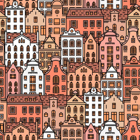 Europe house Seamless pattern. Cute architecture background. Neighborhood with classic apartments and cozy homes for Banner or poster. Doodle sketch.のイラスト素材