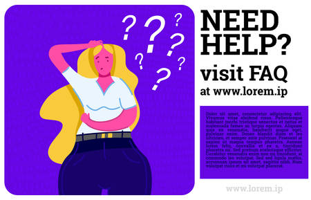 Thoughtful people understand the problem. Thinking young woman. Pensive lady find successful solution. Illustration cartoon style for poster or banner. Cute character asks for help with a question.のイラスト素材