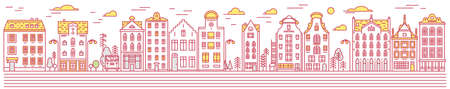 Europe house or apartments Set of Doodle sketch. Cute architecture in Netherlands. Cozy homes for Banner or poster. Building and facades. Flat style.のイラスト素材