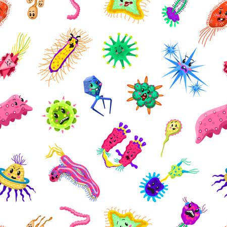 Bacteria characters Seamless pattern. Cartoon Cute germ virus funny infection. Funny bad emotions...