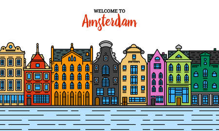 Europe house or apartments. Set of cute architecture in Netherlands. Neighborhood with classic street and cozy homes for Banner or poster. Building and facades. Doodle sketch Flat style.のイラスト素材