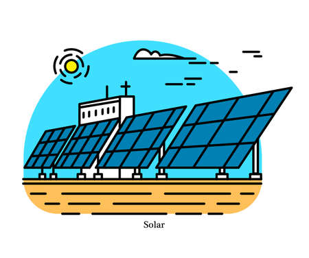 Solar power plant. Conversion of concentrated energy from sunlight into electricity. Powerhouse or generating station. Industrial building icon. Photovoltaic effect. Ecological sources of Electricityのイラスト素材