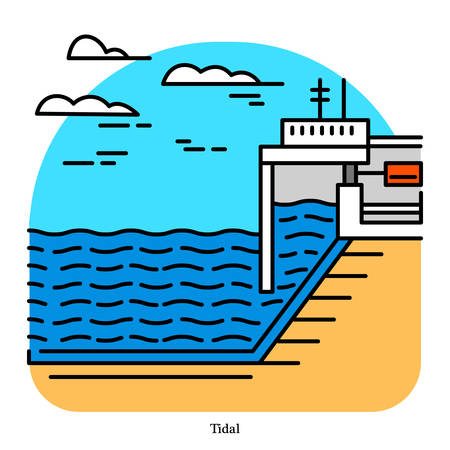 Tidal power plant. Form of hydropower that converts the energy obtained from tides into electricity. Powerhouse or generating station. Industrial building icon. Ecological sourcesのイラスト素材