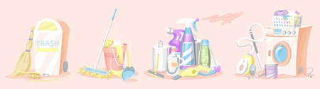 Cleaning tools Set. House icons. Washing machine, Detergents for apartments, Water bucket for Mopping, Chemicals Appliances for serviceのイラスト素材