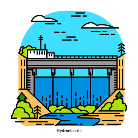 Hydroelectricity power plant. Electricity produced from hydropower. Powerhouse or generating station. Industrial building icon. Ecological sourcesのイラスト素材