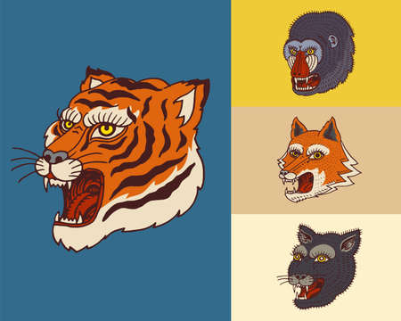 Vintage animal heads. Logo for t-shirt. Wild Asian Tiger, panther, fox, Monkey. Hand drawn Engraved Monochrome.のイラスト素材