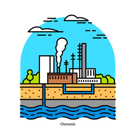 Osmotic power plant, blue energy. Salinity gradient Powerhouse or electric generating station. Industrial building icon. Ecological sources of Electricity and Energyのイラスト素材