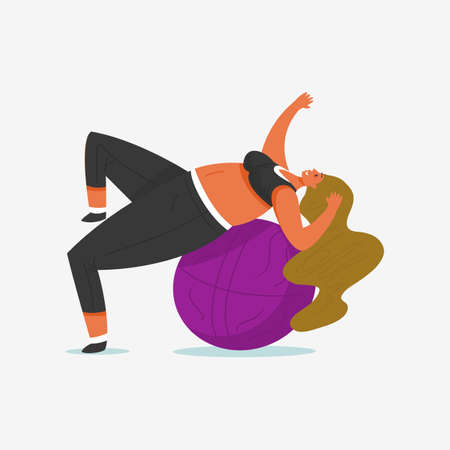 Fitness ball for Girl Plus Size. Health sport in club. Fat Woman doing exercises, weight loss, warming up. Training pose in the gym. Cute female.のイラスト素材