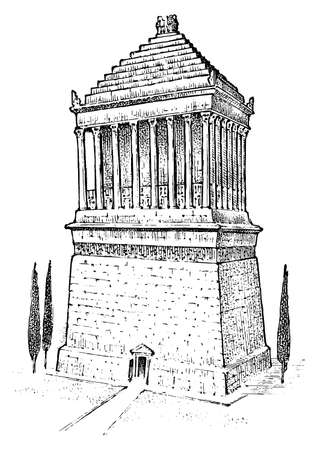 Seven Wonders of the Ancient World. Mausoleum at Halicarnassus The great construction of the Greeks. Hand drawn engraved vintage sketch.のイラスト素材