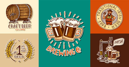 Vintage beer posters.  Cheers toast.  Set of Alcoholic Labels with calligraphic elements. American banners. Hand drawn engraved sketch lettering for web, pub menu.のイラスト素材