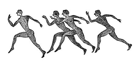 Greek Marathon Runners in vintage style. A group of active people in Greece. The concept of sports games. Greek culture. Hand drawn engraved sketch for poster, banner or web site.のイラスト素材