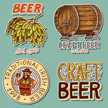 Retro Beer Barrel, Bavarian man, Green Hops, Cheers toast. Alcoholic Labels and stickers with calligraphic elements. Vintage American frame for poster banner. Hand drawn engraved sketch.のイラスト素材