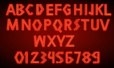 80 s red neon retro font. Futuristic script, chrome letters. Bright print Alphabet on dark background. Light Symbols for night show in club. Galaxy space types. Outlined version.のイラスト素材